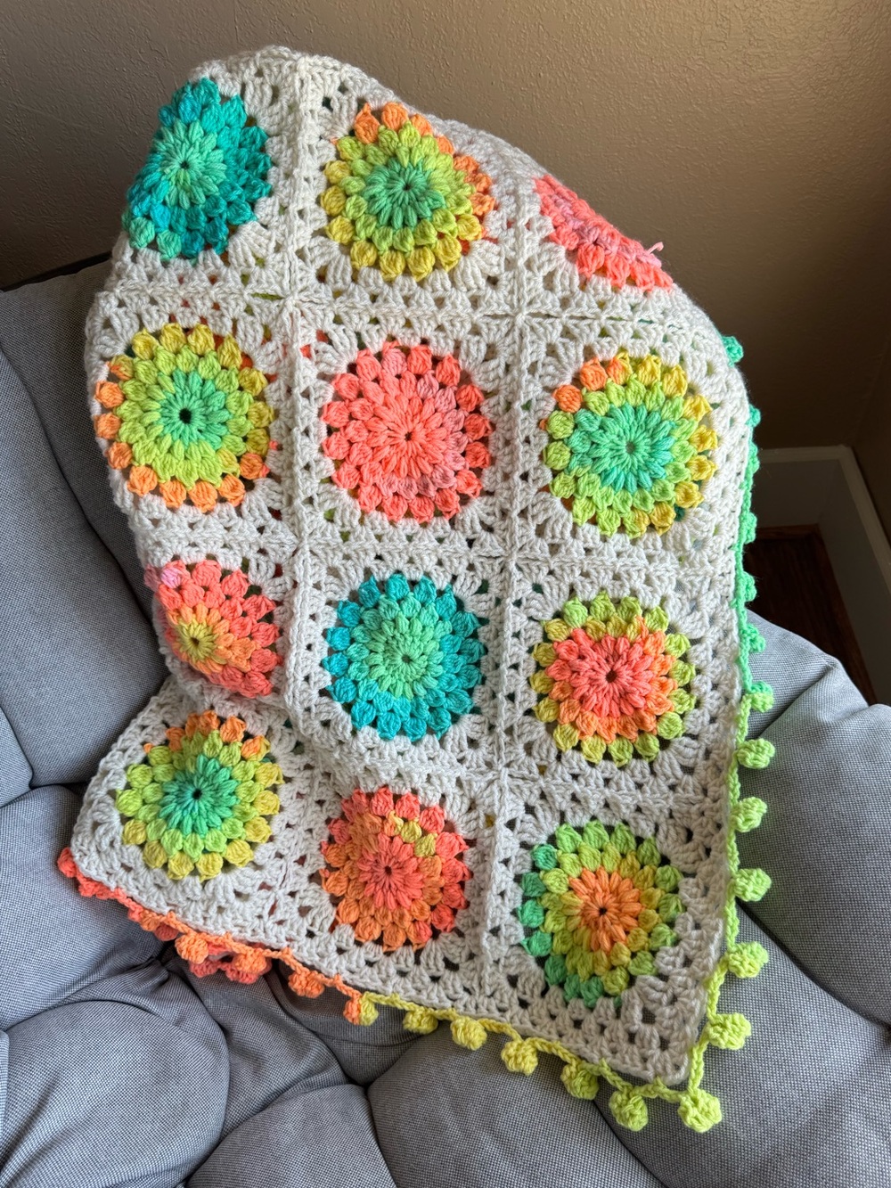 Handmade Crochet sunburst Granny Square Throw - Bright Rainbow Floral!
